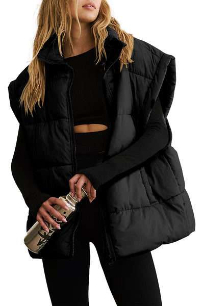 Stylish Women's Oversized Black Puffer Vest with Zipper and Stand Collar - Cozy Winter Outerwear for Effortless Chic made for easy styling and