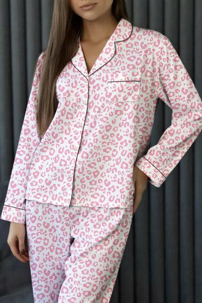 Women's Pink Leopard Print Viscose Pajama Set with Contrast Piping