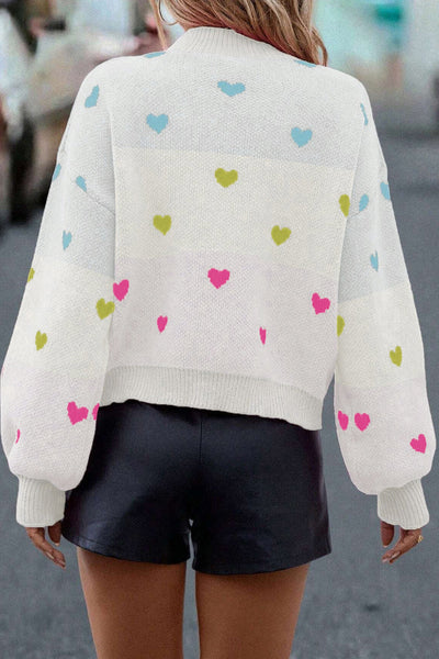 Cozy Women's Multicolor Heart Pattern Colorblock Knit Sweater - Chic High Neck Pullover for Casual Comfort