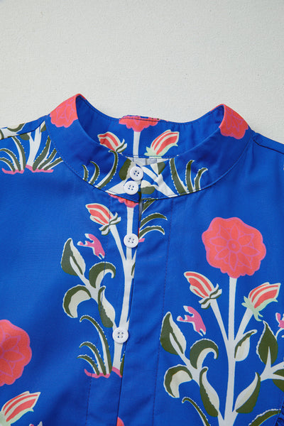 Women's Blue Floral Ruffle Hem Dress with Button Detail & 3/4 Puff Sleeves - Perfect for Spring & Summer Events