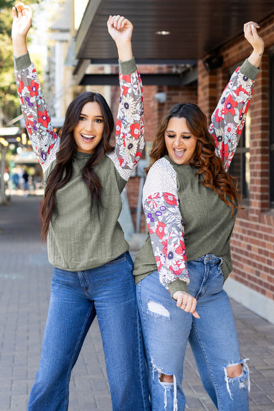 Stylish Women's Laurel Green Floral Patchwork Long Sleeve Blouse - Ribbed, Comfortable Fit for Effortless Everyday Chic