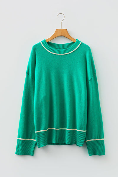 Women's Sea Green Viscose Blend Relaxed Knit Sweater with Trim