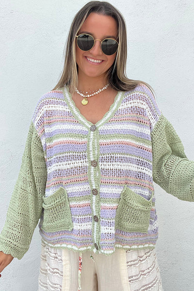 Stylish Women's Multicolor Striped Knit Cardigan with Color Block Design, V-Neck, Button Closure, and Cozy Patch Pockets