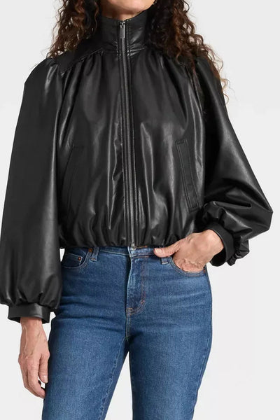 Chic Women's Black PU Leather Jacket with Zip Closure and Puff Sleeves - Trendy Outerwear for Stylish Looks