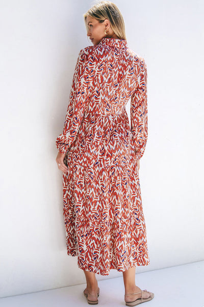 Chic Women's High Waist Midi Dress in Orange Abstract Print with V-Neck - Trendy Summer Style for Effortless Elegance