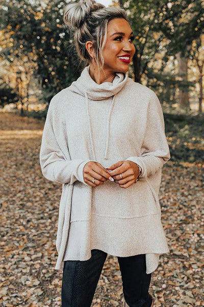 Women's Casual Light Grey Oversized Knit Cowl Neck Top with Drawstring and Side Slits for Ultimate Comfort