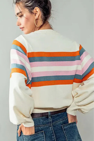 Women's Beige Striped Puff Sleeve Sweatshirt for Women - Trendy Casual Pullover Top for Stylish Everyday Comfort