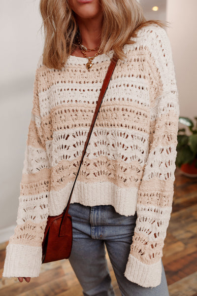 Women's Casual Pink Colorblock Sweater with Hollow-Out Design & Drop Shoulder - Effortless Chic for Everyday Wear