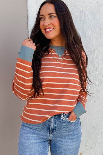 Trendy Women's Orange Striped Ribbed Drop Shoulder Sweater with Color Block Design for a Cozy Fall Outfit