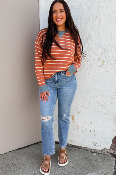 Trendy Women's Orange Striped Ribbed Drop Shoulder Sweater with Color Block Design for a Cozy Fall Outfit