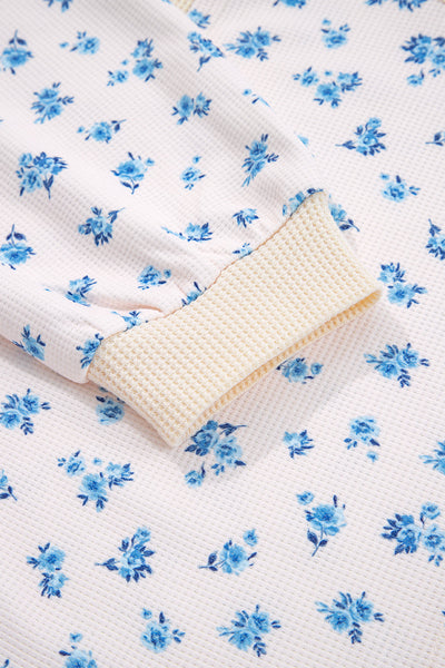Women's Floral Color Block Waffle Knit Balloon Sleeve Top