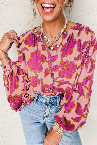 Women's Pink Floral 100% Viscose Batwing Sleeve Button-Up