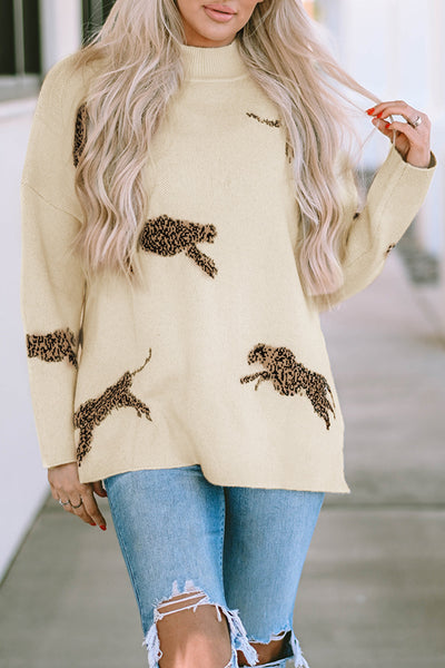 Trendy Women's Parchment Cheetah Print High Neck Sweater with Split Hem - Stylish Casual Knit for Everyday Wear