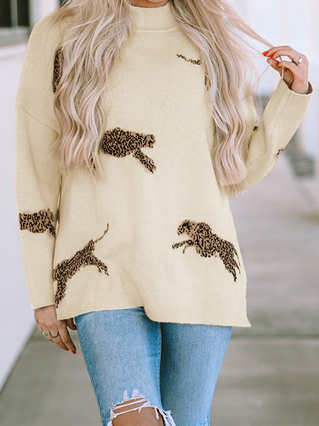 Vibrant Cheetah Print High Neck Split Hem Sweater