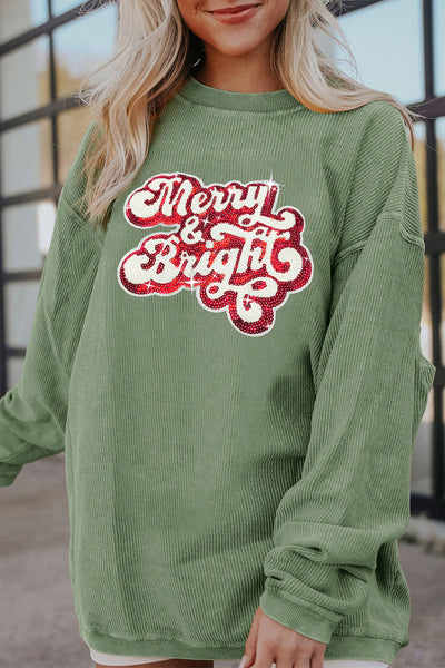 Women's Grass Green Ribbed Sequin Holiday Sweatshirt