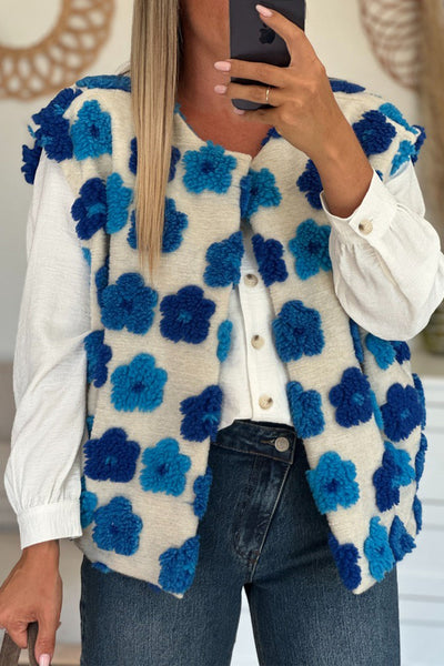 Chic Women's Sky Blue Plush Open Front Vest with Floral Details - Perfect Layering Essential for Trendy Outfits