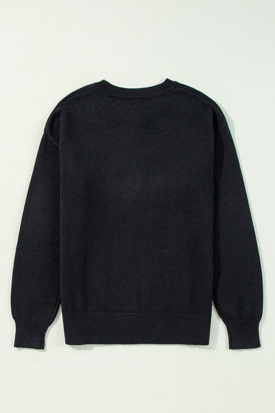 Cozy Women's Black Knitted Sweater with Ribbed Edges & Drop Shoulder - Stylish Pattern for Ultimate Comfort