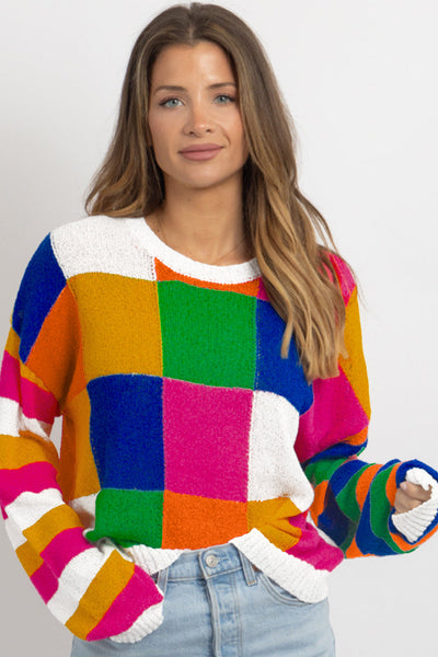 Cozy Women's Orange Checkered Color Block Sweater - Loose Fit Round Neck Knit Top for Effortless Casual Chic