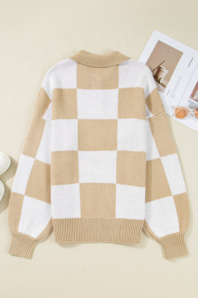 Women's Stylish Light Beige Checkered Polo Sweater - Loose Fit Knit for Effortless Casual Chic Comfort