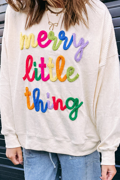 Beige Ribbed Loose Sweatshirt for Women with Corded Letter Graphic - Cozy Casual Top for Effortless Everyday Style