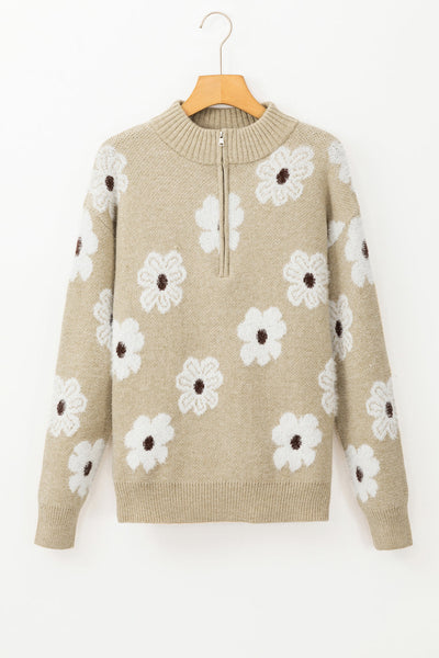 Women's Casual Khaki Floral Half-Zip Sweater with Drop Shoulders - Chic Knit Top for Everyday Comfort and Style