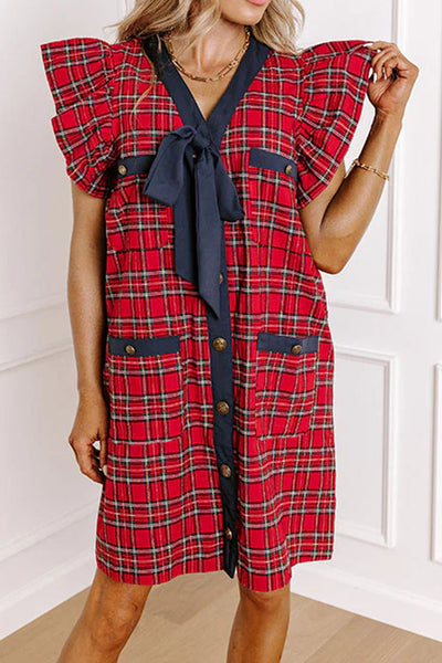 Women's Festive Red Plaid Mini Dress with Ruffled Sleeves and Bow Detail, Perfect for Parties and Special Occasions