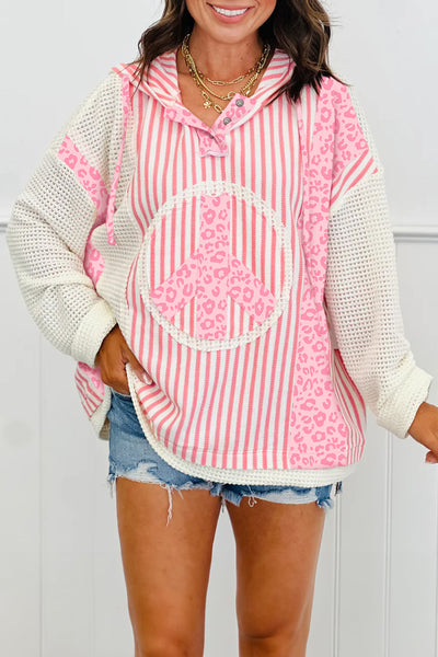 Women's Casual Pink Striped Leopard Print Knit Hoodie - Relaxed Fit Long Sleeve Top for Everyday Comfort and Style