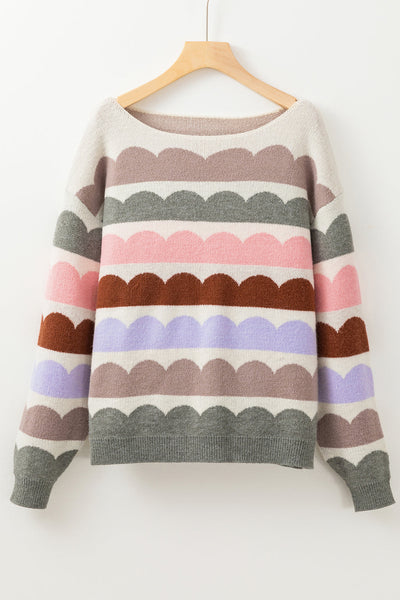 Cozy Women's Gray Striped Balloon Sleeve Sweater with Drop Shoulders for Trendy Fall Fashion