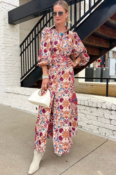 Elegant Women's Red Floral Button-Down Dress with Puffy Sleeves and Shirt Collar for Chic Summer Outfits