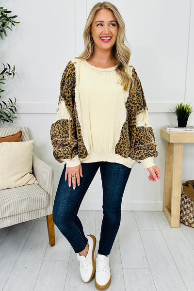 Trendy Women's Beige Leopard Patchwork Long Sleeve Top - Stylish Baggy Fit with Raw Seam Color Block Detail