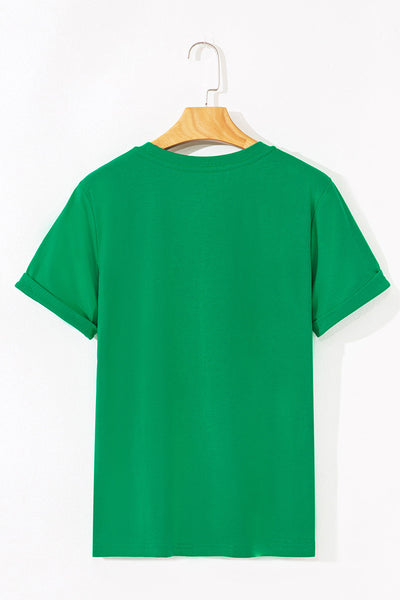 Women's Embroidered Santa Christmas Graphic Tee in Festive Green