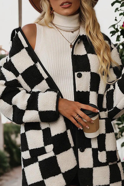 Cozy Women's Black Checkered Fleece Jacket with Side Pockets and Collared Button-Up Design for Effortless Style