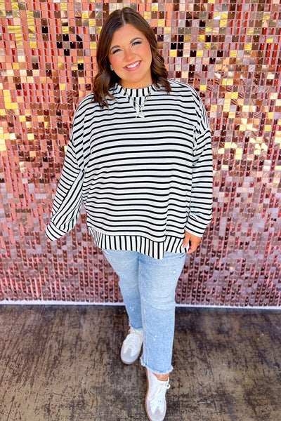 Plus Size Women's Black Striped Drop Shoulder Pullover with Elegant Stitching for Chic Comfort and Style