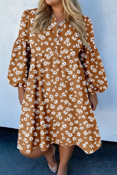 Plus Size Women's Khaki Floral Print Puff Sleeve Dress with Button Split Neck Stylish & Comfortable Summer Wear
