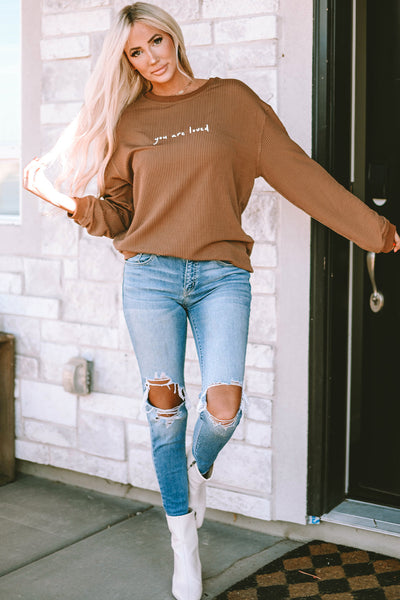 Women's Cozy Khaki "You Are Loved" Graphic Corduroy Sweatshirt - Casual Fit for Effortless Everyday Style
