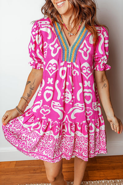 Women's Rose Boho Flared V-Neck Midi Dress with Contrast Trim