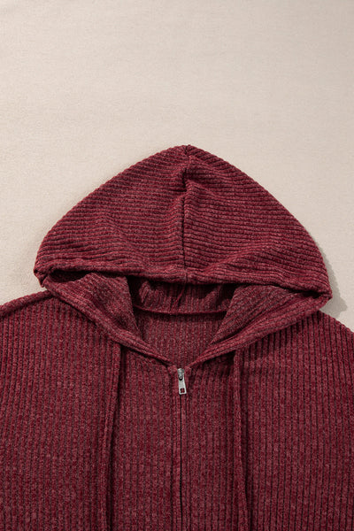 Women's Red Dahlia Ribbed Zip-Up Hoodie with Drawstring - Stylish and Comfortable Casual Wear for Everyday Fashion