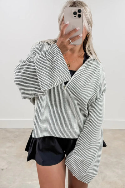 Women's Stylish High-Textured Half-Zip Collared Top with Wide Sleeves - Comfortable Everyday Wear in Chic Colors