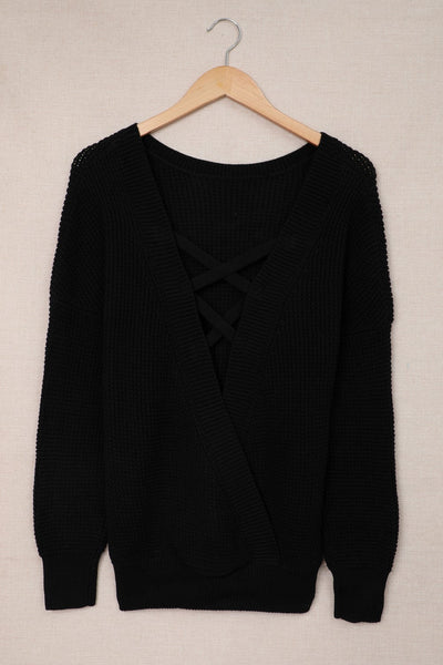 Trendy Women's Black Cross-Back Hollow-Out Sweater - Lightweight Knit Top for Chic Layering and Everyday Comfort