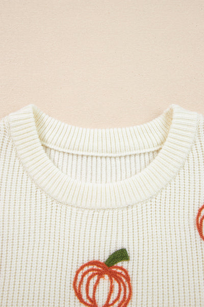 Cozy Women's Pumpkin Embroidered Sweater - Relaxed Fit Knitwear for Casual Fall Outings and Seasonal Style