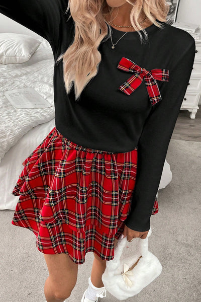 Chic Women's Red Plaid Long Sleeve Top and Ruffle Mini Skirt Set Trendy 2-Piece Outfit for Effortless Style