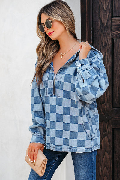 Women's Checkerboard Denim Pullover Hoodie with Quarter-Zip