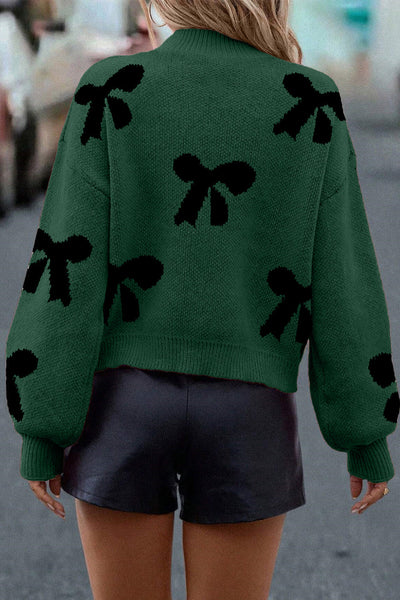 Women‚Äôs Cozy Blackish Green Sweater with Pearl Details and Bow Design Chic Loose Fit for Effortless Style