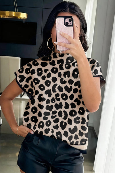 Trendy Women's Black Leopard Print High Neck Sweater - Chic Short Sleeve Design for Effortless Style and Comfort made for easy styling and wardrobe