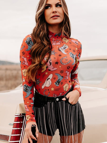 Rodeo Chic Orange Mesh Long Sleeve Bodysuit