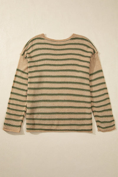 Women's Cozy Khaki Striped Drop Shoulder Sweater - Casual Chic Style for Everyday Comfort and Versatile Wear