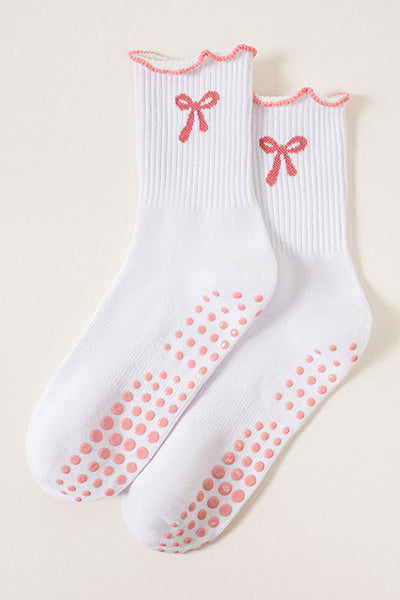 Women's Cotton-Polyester Bow Crew Socks with Non-Slip Grips
