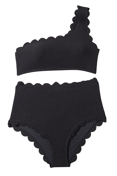 Scalloped One-Shoulder Black Bikini for Beach and Vacation