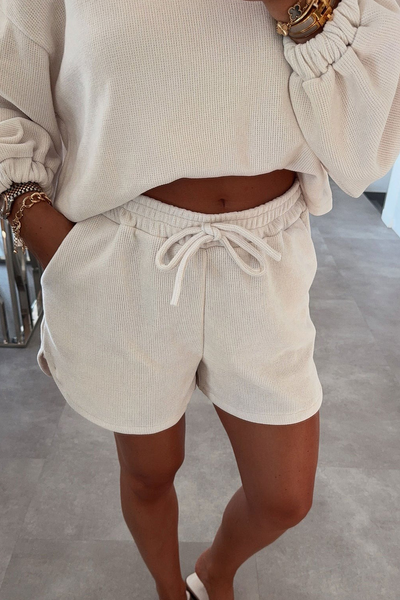 Casual Chic Women's Solid Color Textured Knit Pullover & Drawstring Shorts Set - Stylish Drop Shoulder Ensemble