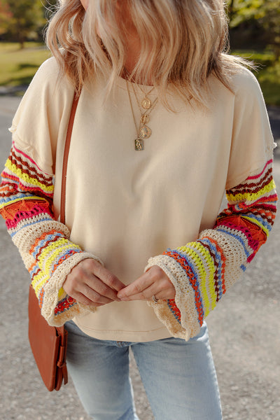 Beige Women's Casual Chic Round Neck Knit Top with Colorful Patchwork and Stylish Sleeves for Effortless Style